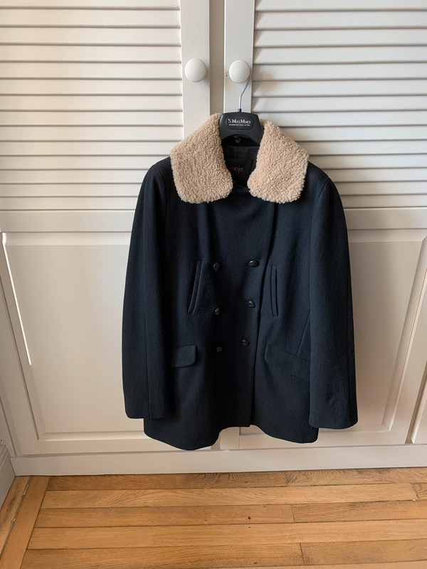 Manteau en laine noire et col mouton Maje - Vinted